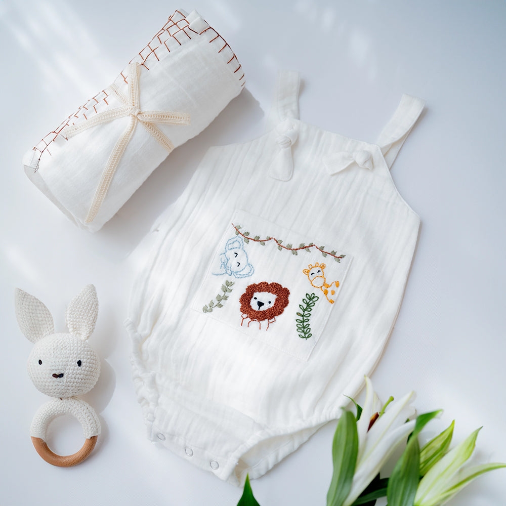 Baby Boy Gift Hamper with Cotton Romper and Swaddle | Little Meadows | White